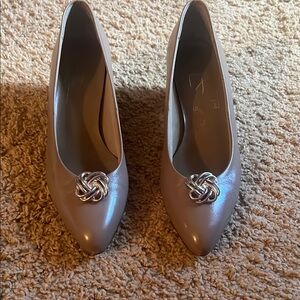 Chic Beige Women's Heels with Silver Detail